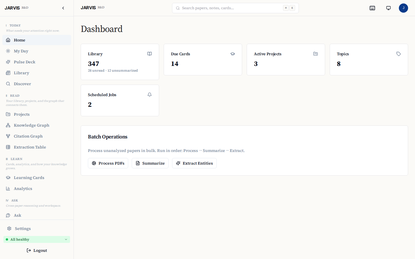Dashboard — library, due cards, projects, and batch processing at a glance