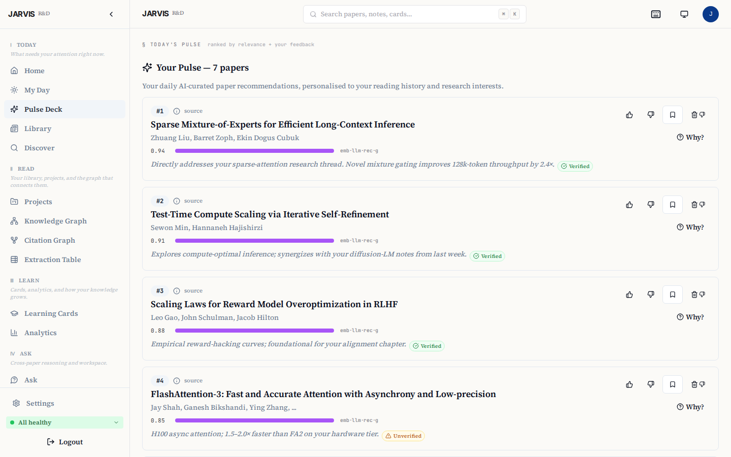 Pulse deck — daily LLM-ranked paper recommendations with verified relevance reasoning