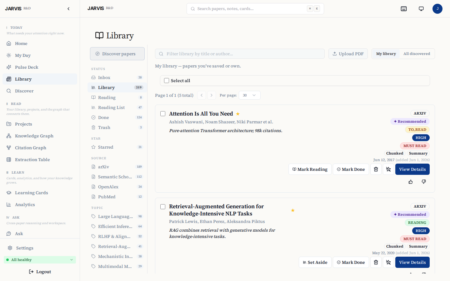Library — saved and owned papers with status, priority, and summary state