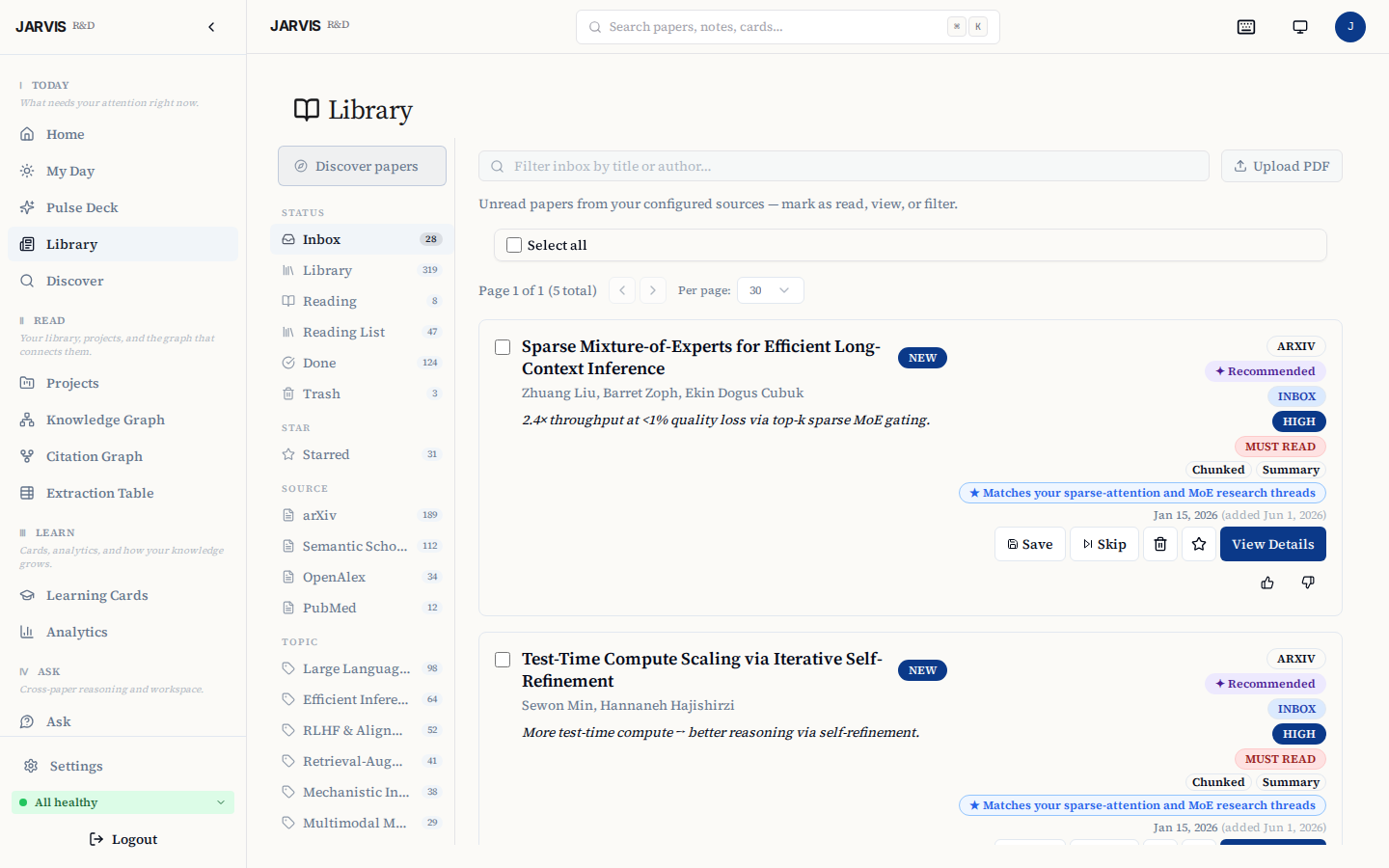 Discover — inbox of new papers from arXiv, OpenAlex, Semantic Scholar, and PubMed with match reasons