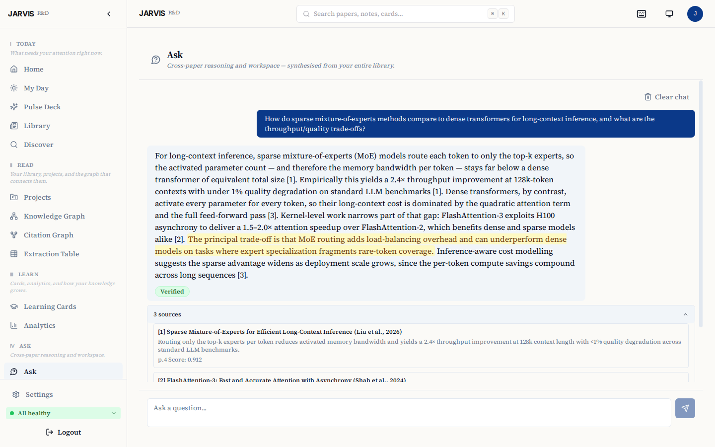 Ask — cross-paper RAG with inline citations, per-sentence verification, and page-numbered sources